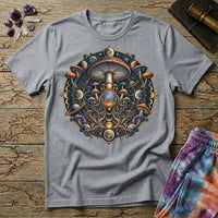 Cosmic mushroom mandala of moon phases, ringed planets and an opal orb, on a Sport Grey unisex t-shirt