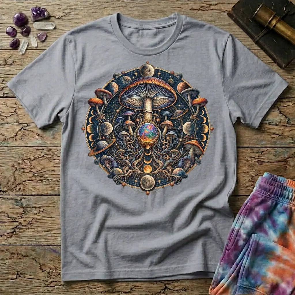 Cosmic mushroom mandala of moon phases, ringed planets and an opal orb, on a Sport Grey unisex t-shirt