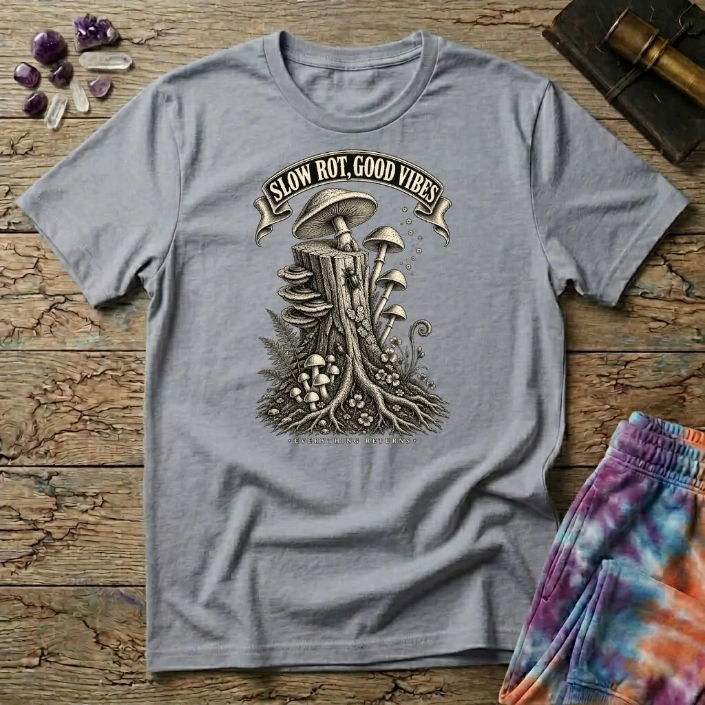 Slow Rot Good Vibes banner over an engraved stump crowded with bracket fungi and ferns, on a Sport Grey unisex t-shirt