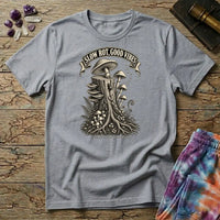 Slow Rot Good Vibes banner over an engraved stump crowded with bracket fungi and ferns, on a Sport Grey unisex t-shirt