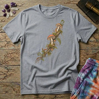 Amanita and moss climbing a branch on the diagonal, a botanical specimen study, on a Sport Grey unisex t-shirt