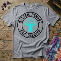 System Reboot Ego Deleted circular badge with a turquoise mushroom at its center, on a Sport Grey unisex t-shirt