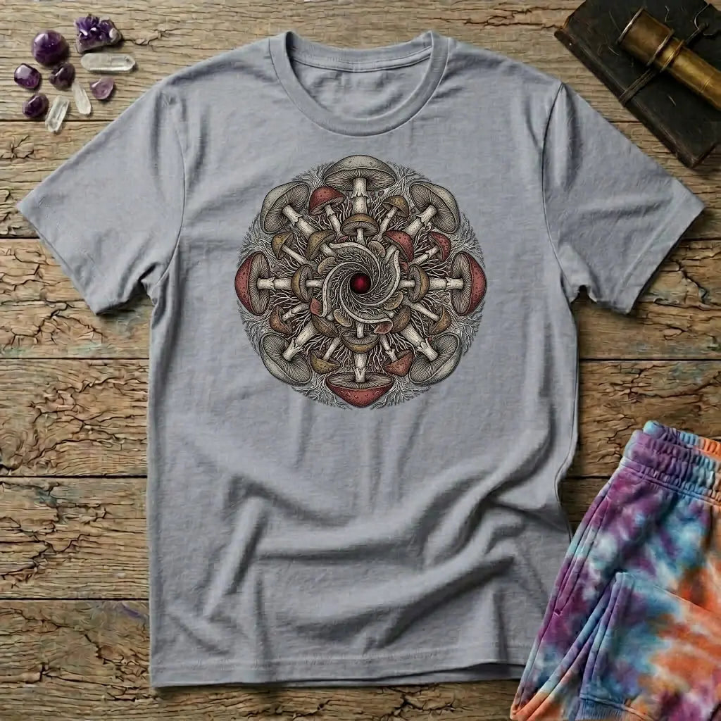 Symmetrical mandala of mirrored mushroom caps and root threads around a deep red center, on a Sport Grey unisex t-shirt