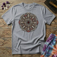 Symmetrical mandala of mirrored mushroom caps and root threads around a deep red center, on a Sport Grey unisex t-shirt