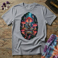 Amanita-crowned figure meditating in a glowing mushroom forest, on a Sport Grey unisex t-shirt