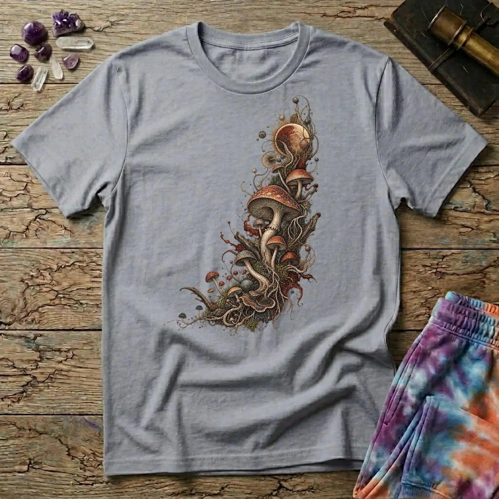 Asymmetric cluster of mushrooms, roots and moss beneath an eclipsed sun, on a Sport Grey unisex t-shirt