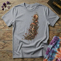 Asymmetric cluster of mushrooms, roots and moss beneath an eclipsed sun, on a Sport Grey unisex t-shirt