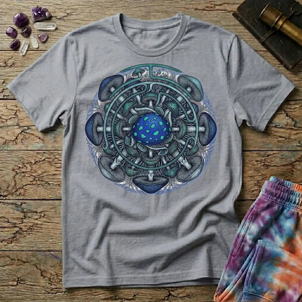 Circular blue and teal mushroom mandala ringed with mycelium threads, on a Sport Grey unisex t-shirt