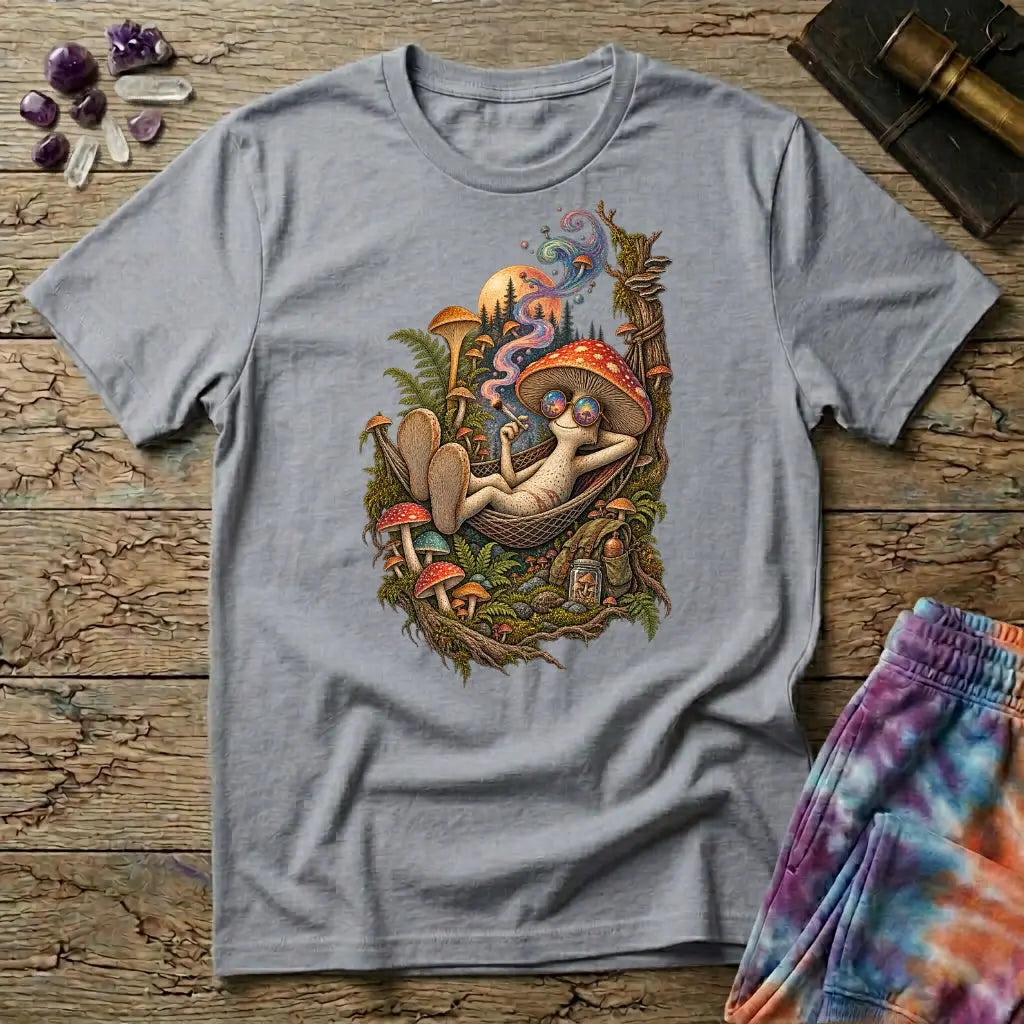 Mushroom character in round rainbow sunglasses relaxing in a hammock under a pine-lined moon, on a Sport Grey unisex t-shirt