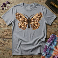 A moth with wings made of layered bracket mushrooms, on a Sport Grey unisex t-shirt