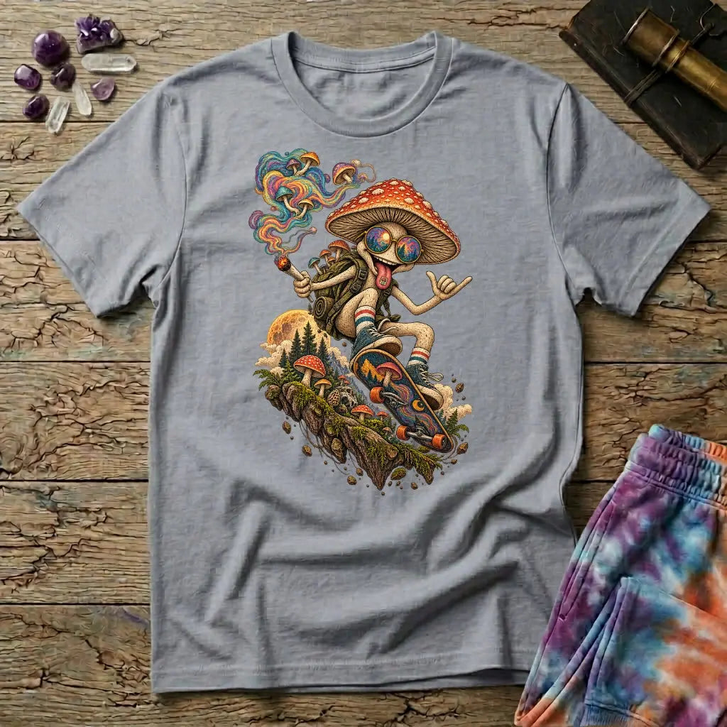 A sunglasses-wearing mushroom riding a skateboard past pines and a full moon, on a Sport Grey unisex t-shirt
