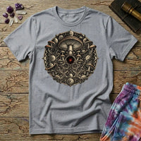 Ornate mushroom mandala ringed with moon phases and planets around a glowing red gem, on a Sport Grey unisex t-shirt