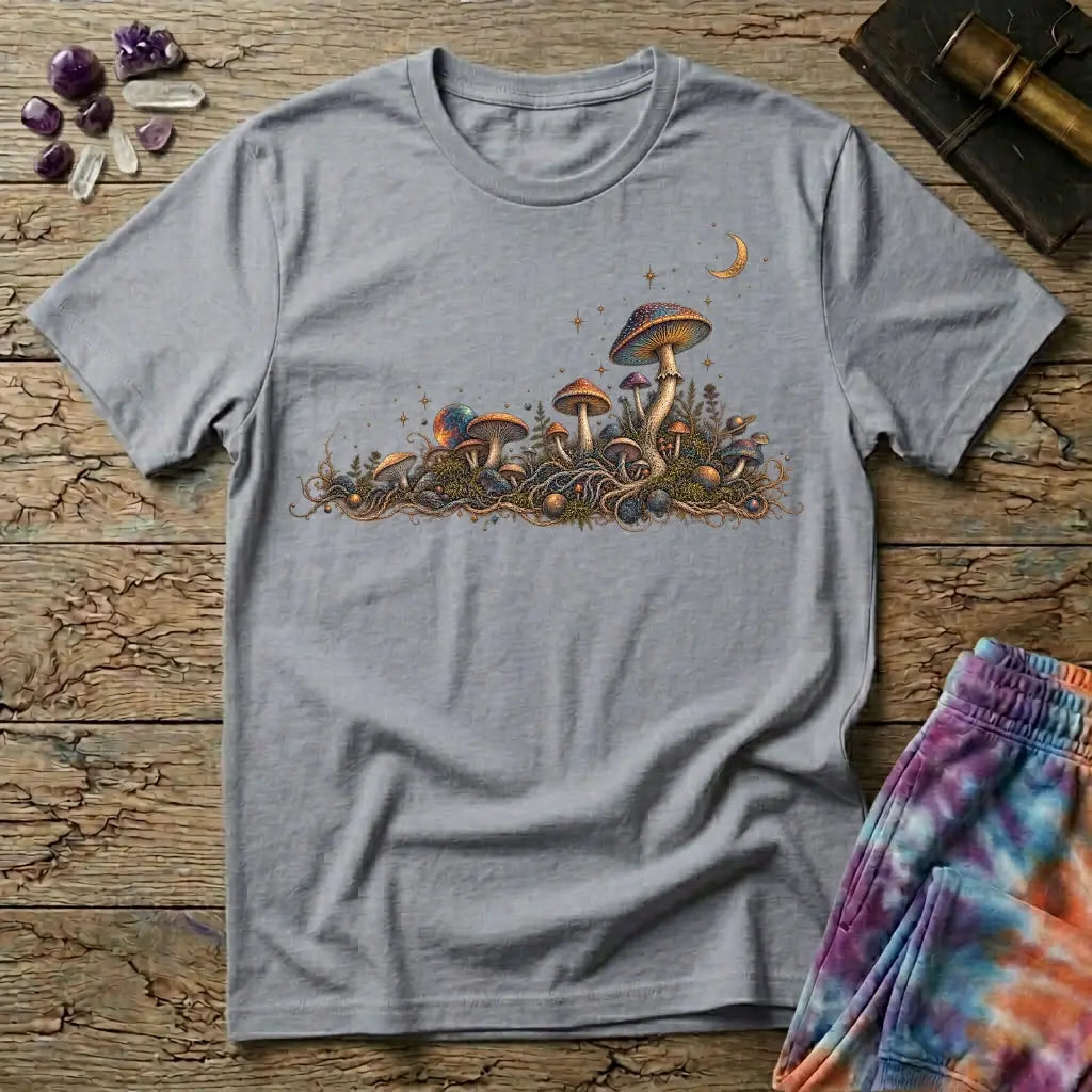 Horizon of iridescent mushrooms and tangled roots under a crescent moon, on a Sport Grey unisex t-shirt
