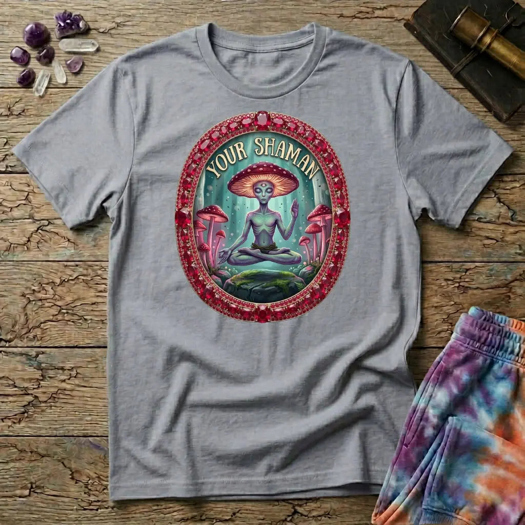 Your Shaman meditating mushroom figure inside a ruby and gold frame, on a Sport Grey unisex t-shirt