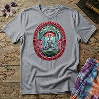 Your Shaman meditating mushroom figure inside a ruby and gold frame, on a Sport Grey unisex t-shirt