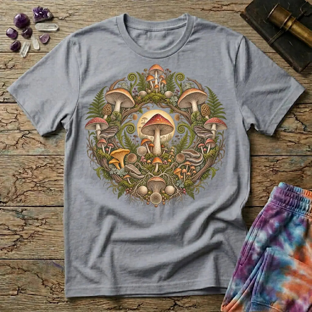 Botanical wreath of amanita, chanterelle and bracket fungi woven with ferns, on a Sport Grey unisex t-shirt