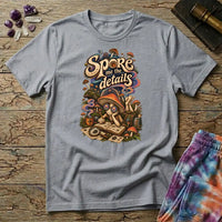 Spore Me the Details lettering above a mushroom character taking notes over spore prints, on a Sport Grey unisex t-shirt