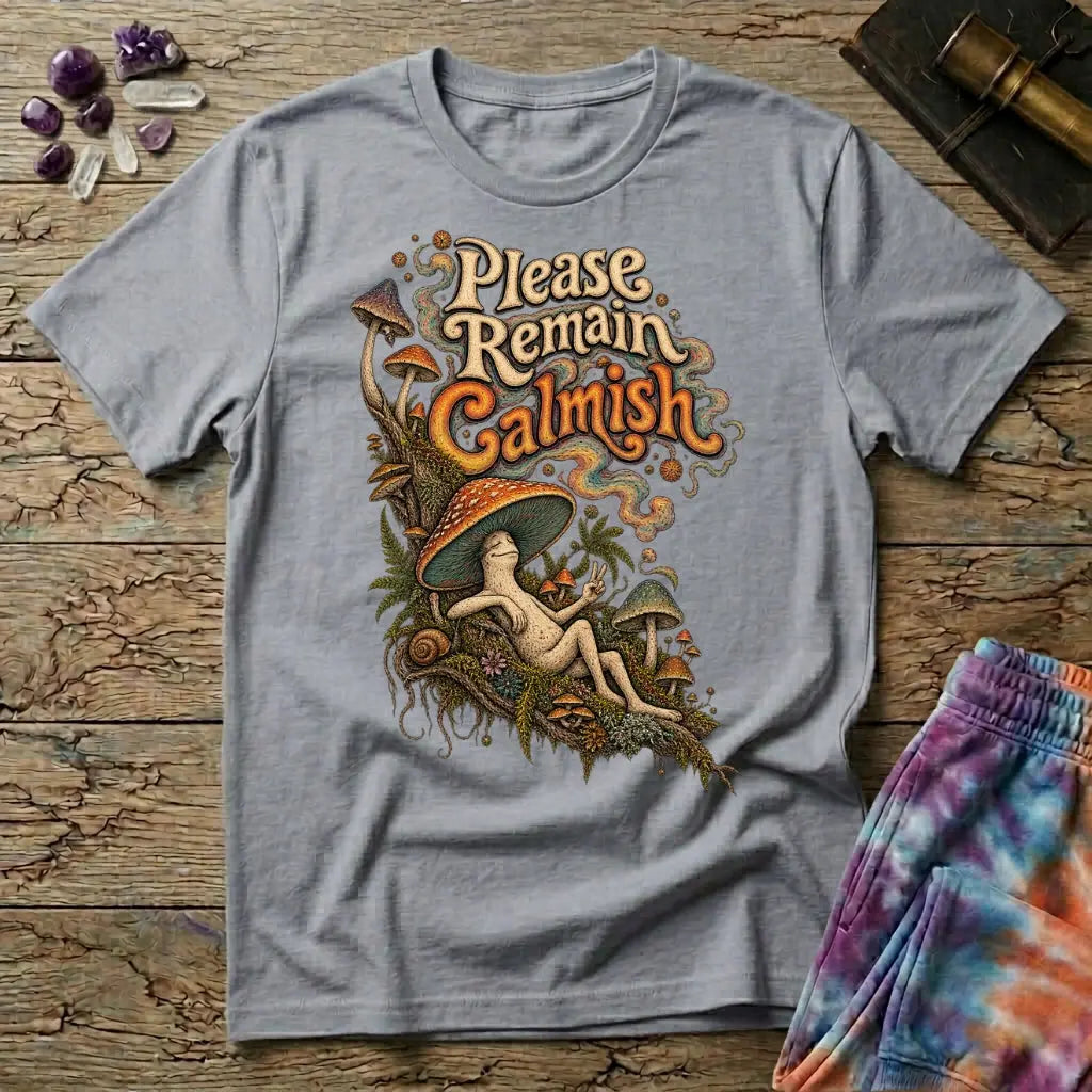 Please Remain Calmish retro lettering above a mushroom-capped character throwing a peace sign, on a Sport Grey unisex t-shirt