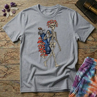 Skeleton carrying a navy golf bag with red amanita mushrooms sprouting from the clubs and skull, on a Sport Grey unisex t-shirt