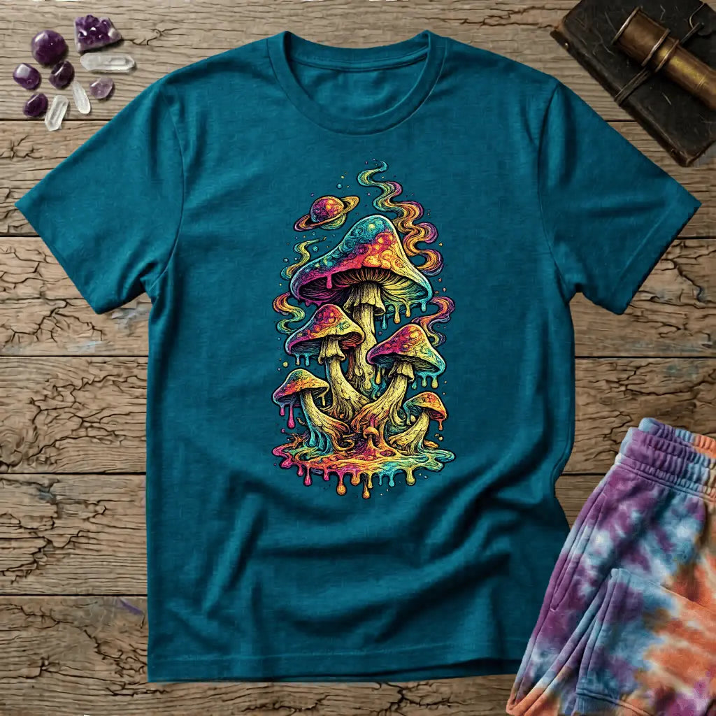 Cluster of neon mushrooms dripping color into a glowing puddle with rainbow tendrils and a floating planet, on a Tropical Blue unisex t-shirt