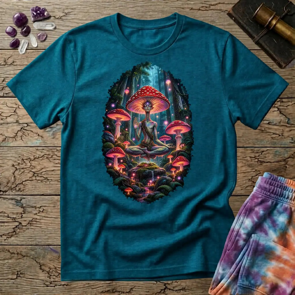 Amanita-crowned figure meditating in a glowing mushroom forest, on a Tropical Blue unisex t-shirt