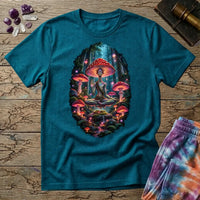 Amanita-crowned figure meditating in a glowing mushroom forest, on a Tropical Blue unisex t-shirt