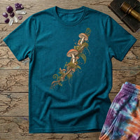 Amanita and moss climbing a branch on the diagonal, a botanical specimen study, on a Tropical Blue unisex t-shirt