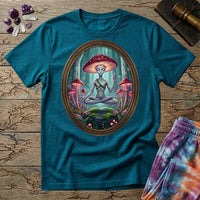A mushroom-capped alien meditating on a mossy rock in an oval forest frame, on a Tropical Blue unisex t-shirt