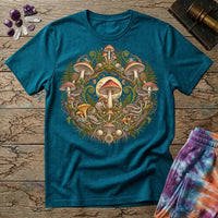 Botanical wreath of amanita, chanterelle and bracket fungi woven with ferns, on a Tropical Blue unisex t-shirt