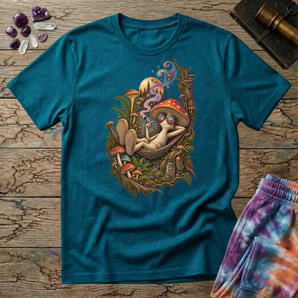 Mushroom character in round rainbow sunglasses relaxing in a hammock under a pine-lined moon, on a Tropical Blue unisex t-shirt