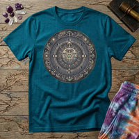Tarnished bronze medallion of moon phases, constellations and mushroom caps around a glowing eye, on a Tropical Blue unisex t-shirt