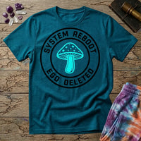 System Reboot Ego Deleted circular badge with a turquoise mushroom at its center, on a Tropical Blue unisex t-shirt