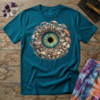 Hyper-detailed teal and gold iris with a dark pupil, ringed by mushrooms standing in for lashes, on a Tropical Blue unisex t-shirt