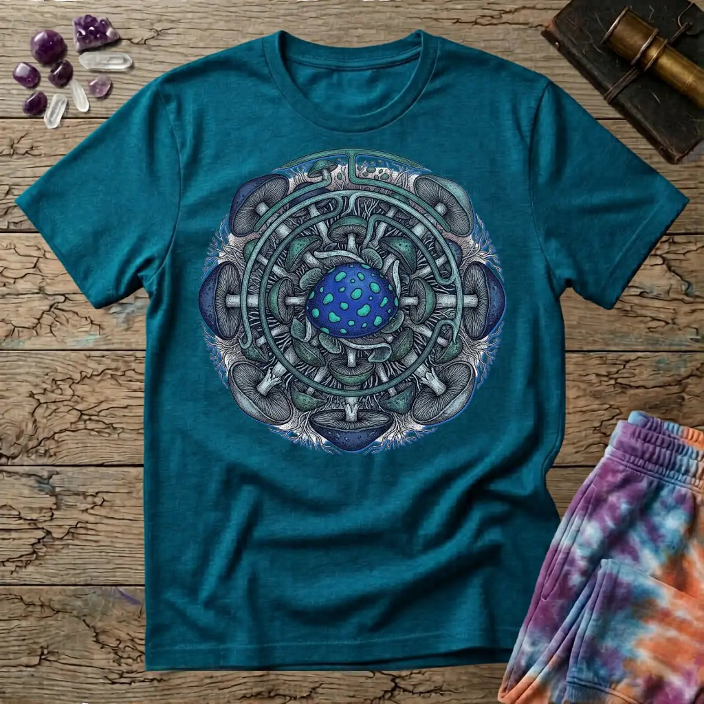 Circular blue and teal mushroom mandala ringed with mycelium threads, on a Tropical Blue unisex t-shirt