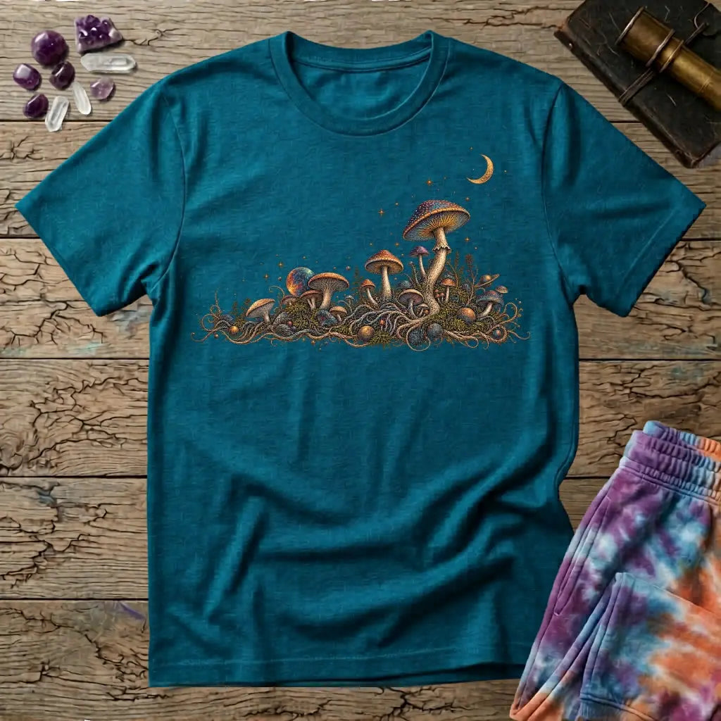 Horizon of iridescent mushrooms and tangled roots under a crescent moon, on a Tropical Blue unisex t-shirt