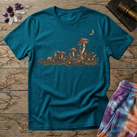 Horizon of iridescent mushrooms and tangled roots under a crescent moon, on a Tropical Blue unisex t-shirt