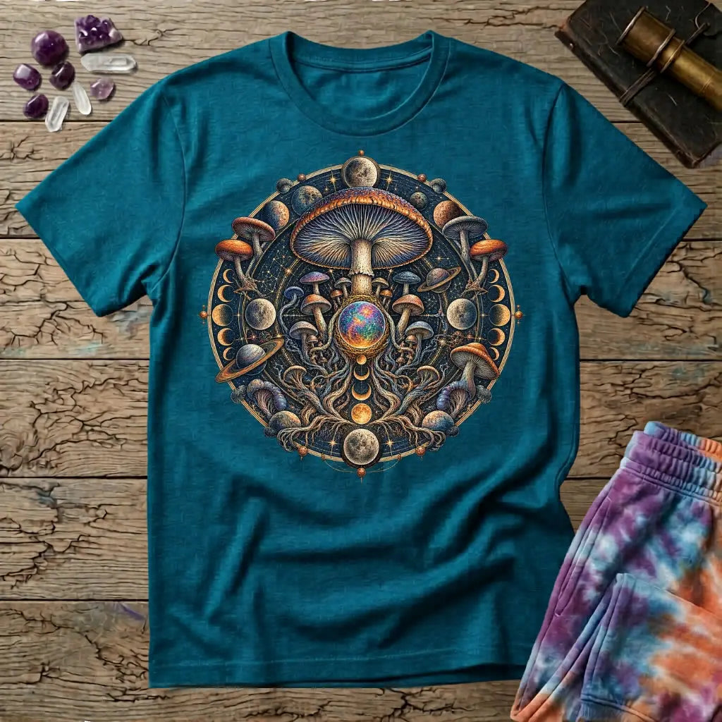 Cosmic mushroom mandala of moon phases, ringed planets and an opal orb, on a Tropical Blue unisex t-shirt
