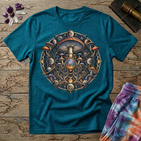 Cosmic mushroom mandala of moon phases, ringed planets and an opal orb, on a Tropical Blue unisex t-shirt