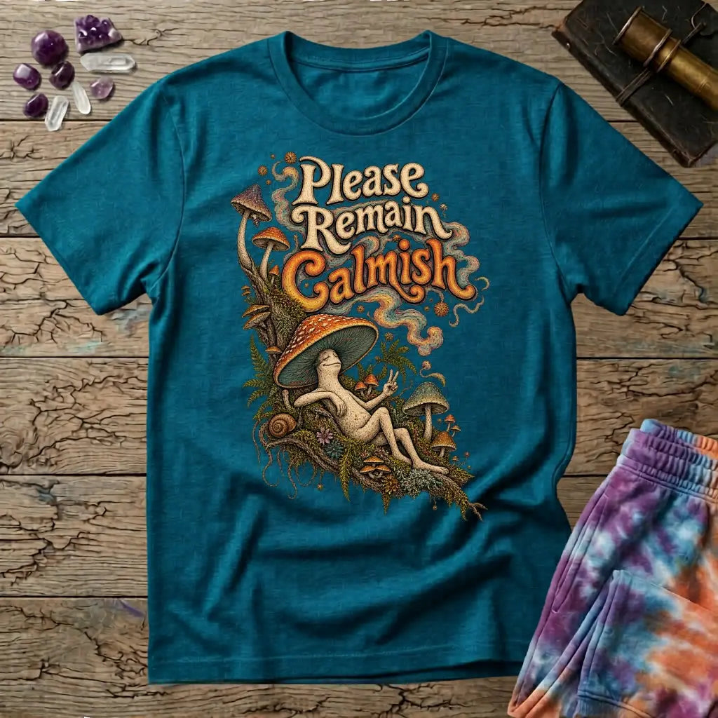 Please Remain Calmish retro lettering above a mushroom-capped character throwing a peace sign, on a Tropical Blue unisex t-shirt