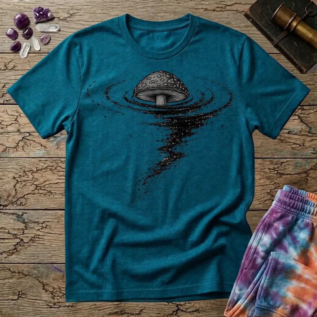 An inked mushroom above a spiraling tornado of stars and trailing roots, on a Tropical Blue unisex t-shirt