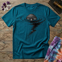 An inked mushroom above a spiraling tornado of stars and trailing roots, on a Tropical Blue unisex t-shirt
