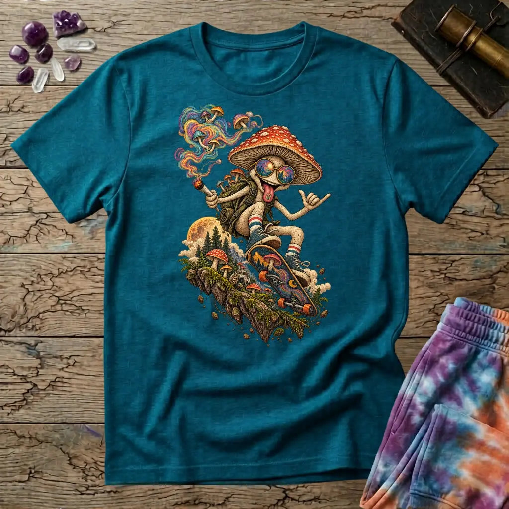 A sunglasses-wearing mushroom riding a skateboard past pines and a full moon, on a Tropical Blue unisex t-shirt