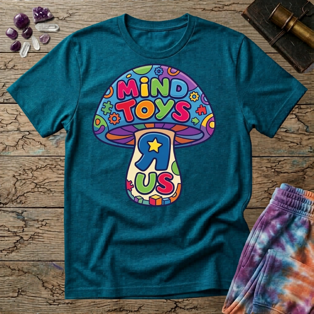 Mind Toys R Us mushroom, a rainbow-capped toadstool lettered Mind Toys with a backwards R and gold star on the stem, on a Tropical Blue unisex t-shirt