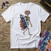 Skeleton carrying a navy golf bag with red amanita mushrooms sprouting from the clubs and skull, on a White unisex t-shirt