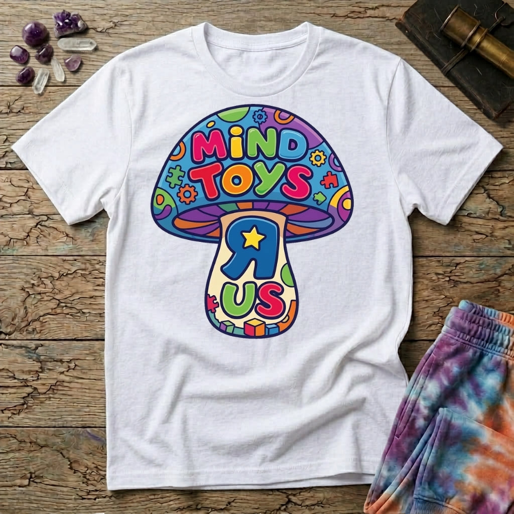 Mind Toys R Us mushroom, a rainbow-capped toadstool lettered Mind Toys with a backwards R and gold star on the stem, on a White unisex t-shirt