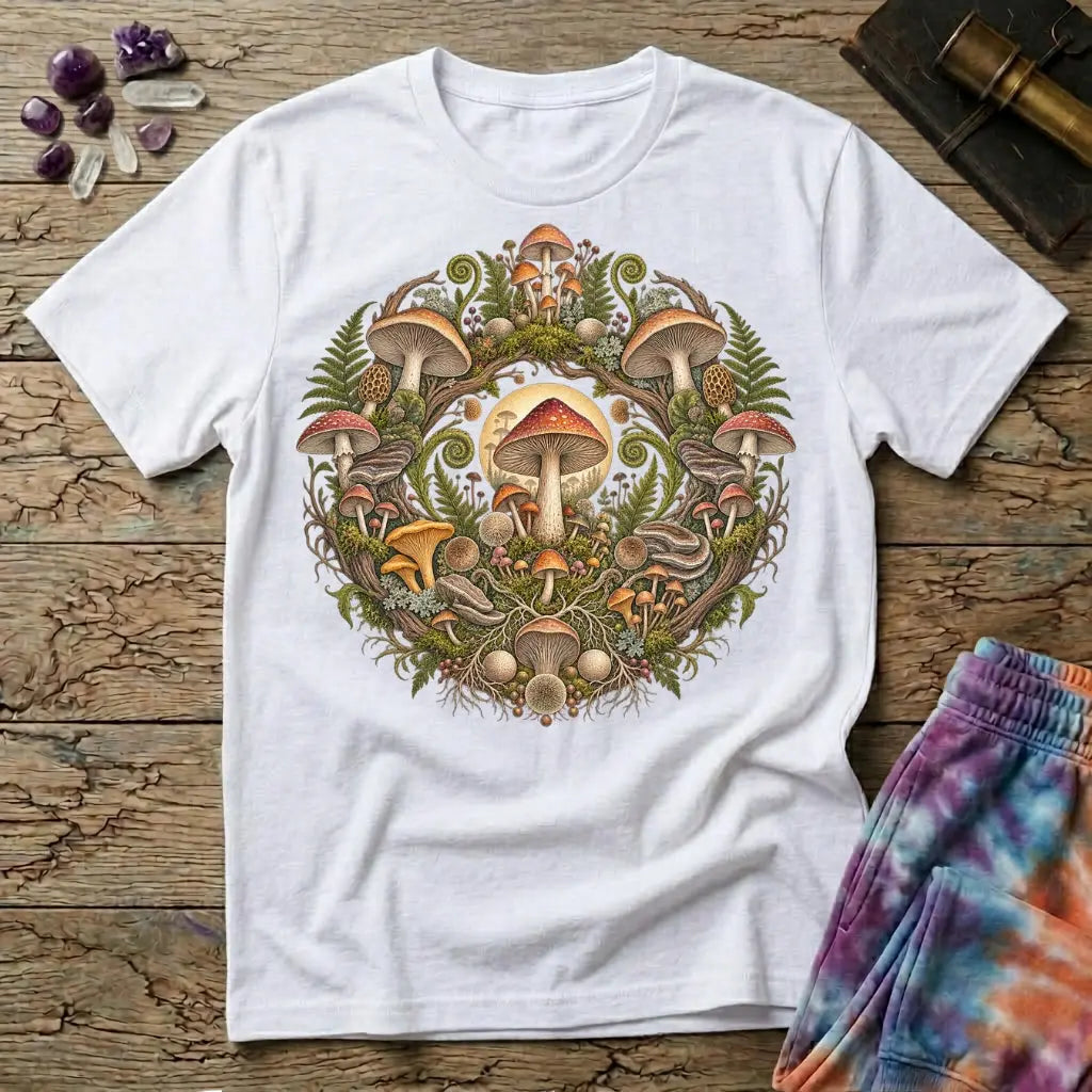 Botanical wreath of amanita, chanterelle and bracket fungi woven with ferns, on a White unisex t-shirt