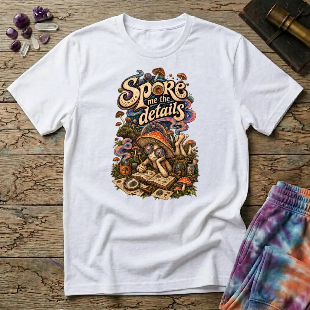 Spore Me the Details lettering above a mushroom character taking notes over spore prints, on a White unisex t-shirt