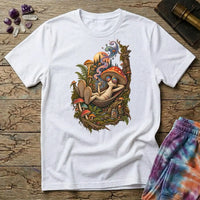 Mushroom character in round rainbow sunglasses relaxing in a hammock under a pine-lined moon, on a White unisex t-shirt