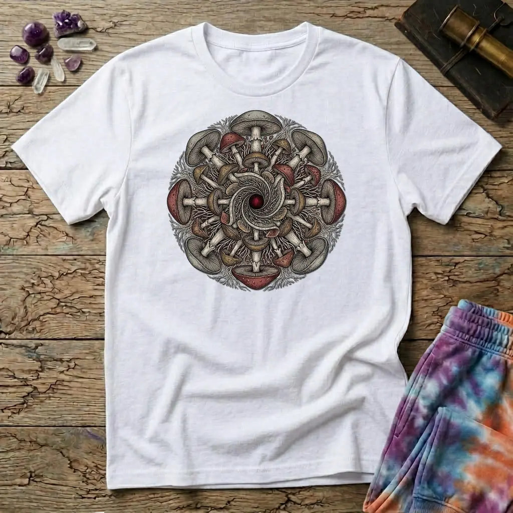 Symmetrical mandala of mirrored mushroom caps and root threads around a deep red center, on a White unisex t-shirt
