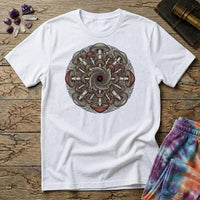 Symmetrical mandala of mirrored mushroom caps and root threads around a deep red center, on a White unisex t-shirt